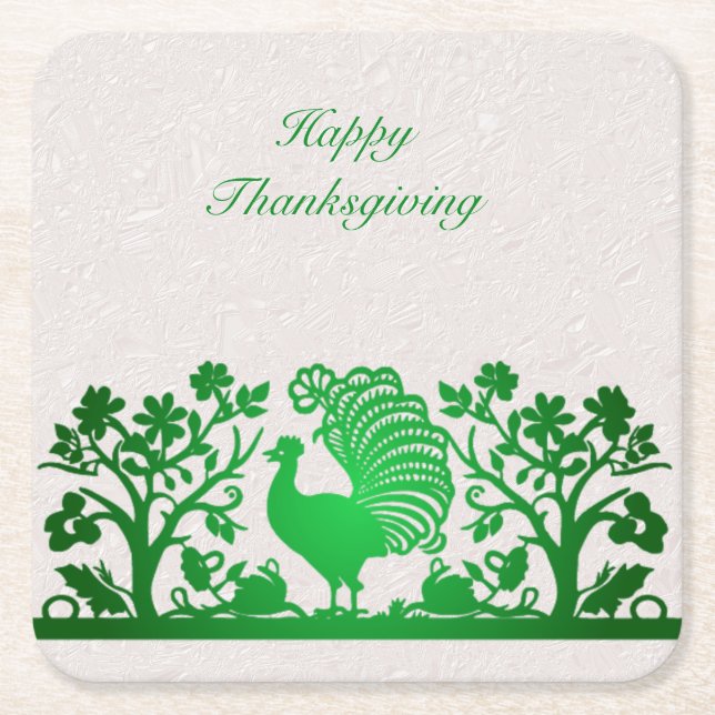 Green Thanksgiving Turkey Floral Paper Coaster (Front)