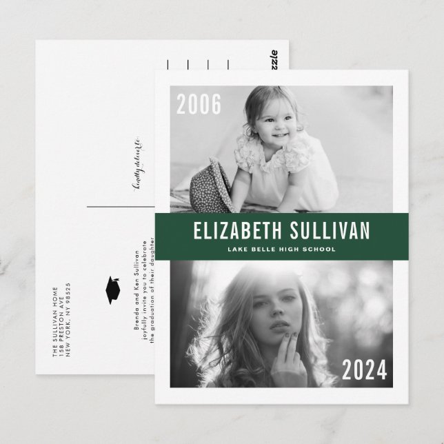 Green Then and Now Photo Collage Graduation Postcard (Front/Back)