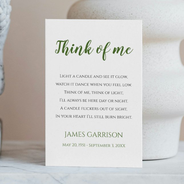 Green Think Of Me Celebration of Life Candle Place Card (Creator Uploaded)