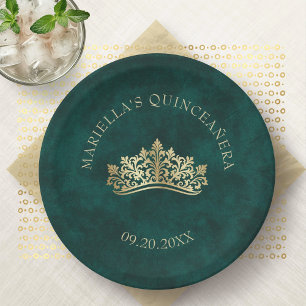 Green Tiara Crown Elegant Quinceanera Paper Plate