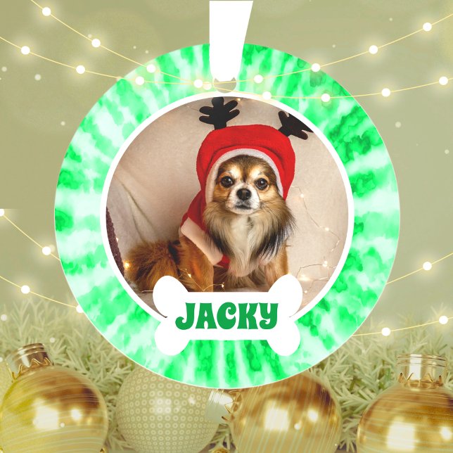 Green Tie Dye Custom Puppy Dog Photo Ornament (Creator Uploaded)
