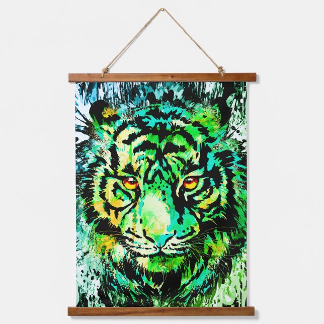 Green Tiger Head - Tiger Drawing Panel Hanging Tapestry (Front)