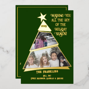 Green Tilted Tree Fun and Modern Photo Foil Holiday Card