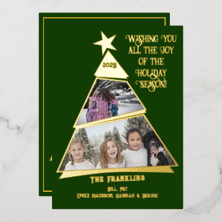 Green Tilted Tree Fun and Modern Photo Foil Holiday Card