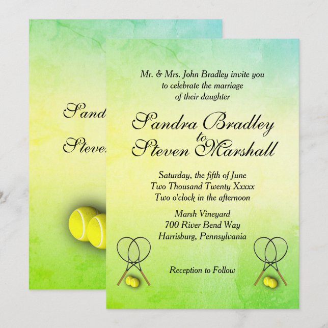 Green to Yellow Textured Tennis Wedding Invitation (Front/Back)