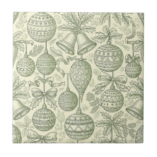 Green Toile Christmas Bells & Ornaments Pattern 2 Ceramic Tile