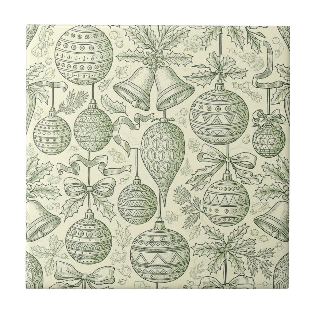 Green Toile Christmas Bells & Ornaments Pattern 2 Ceramic Tile (Front)