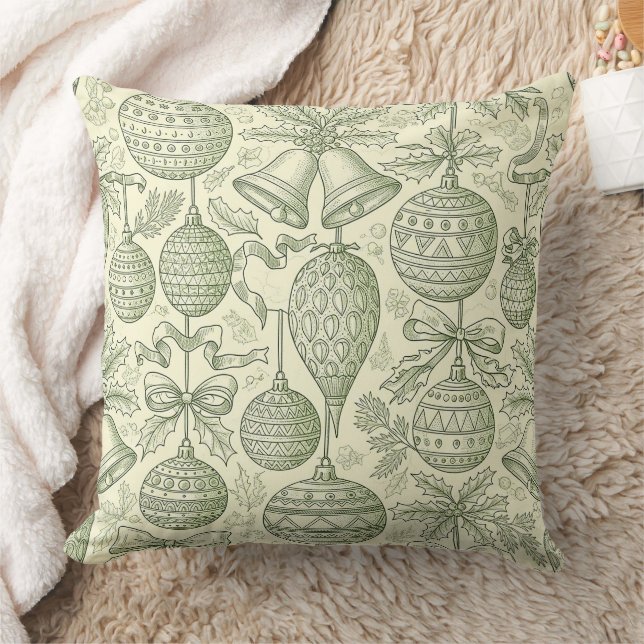 Green Toile Christmas Bells & Ornaments Pattern 2 Cushion (Blanket)
