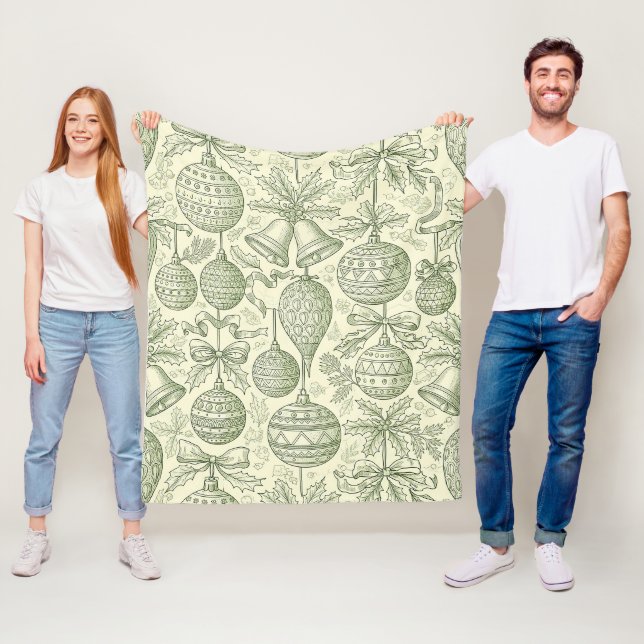 Green Toile Christmas Bells & Ornaments Pattern 2 Fleece Blanket (In Situ)