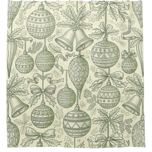 Green Toile Christmas Bells & Ornaments Pattern 2 Shower Curtain (Front)