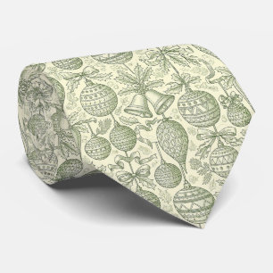 Green Toile Christmas Bells & Ornaments Pattern 2 Tie