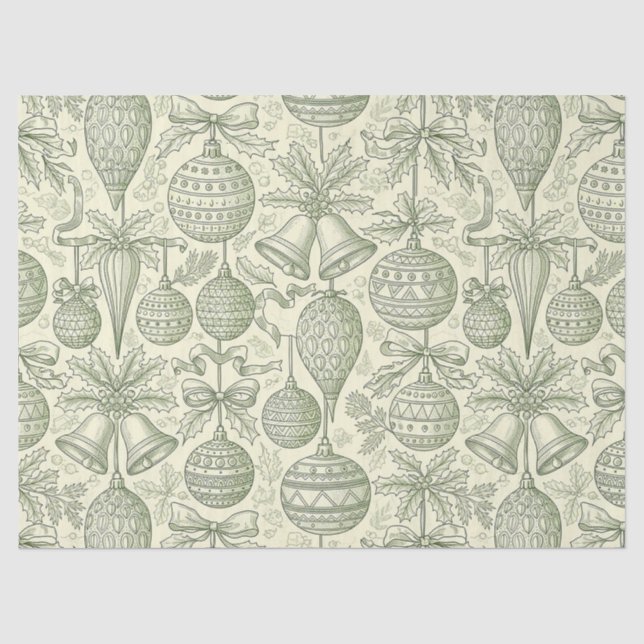 Green Toile Christmas Bells & Ornaments Pattern 2 Tissue Paper (Front)