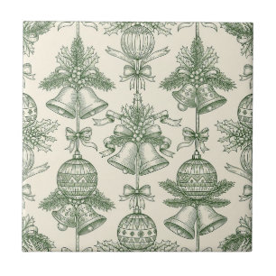 Green Toile Christmas Bells & Ornaments Pattern Ceramic Tile