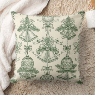 Green Toile Christmas Bells & Ornaments Pattern Cushion