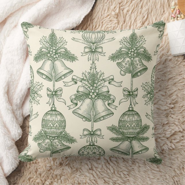 Green Toile Christmas Bells & Ornaments Pattern Cushion (Blanket)