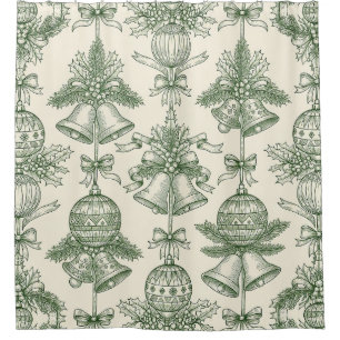 Green Toile Christmas Bells & Ornaments Pattern Shower Curtain