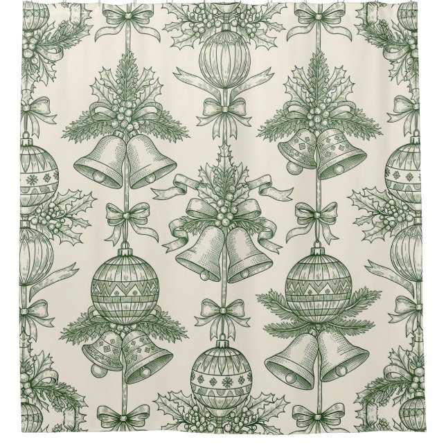 Green Toile Christmas Bells & Ornaments Pattern Shower Curtain (Front)