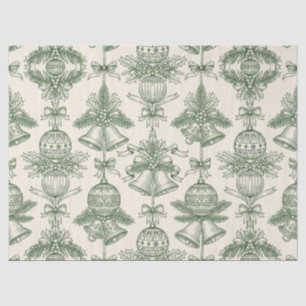 Green Toile Christmas Bells & Ornaments Pattern Tissue Paper