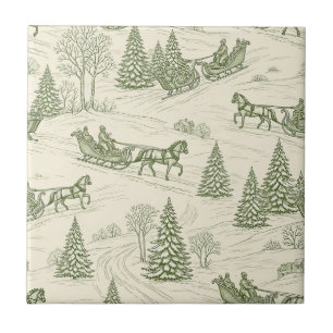 Green Toile Christmas Sleigh Ride Pattern (2) Ceramic Tile
