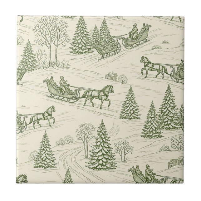 Green Toile Christmas Sleigh Ride Pattern (2) Ceramic Tile (Front)