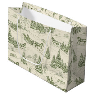 Green Toile Christmas Sleigh Ride Pattern (2) Large Gift Bag