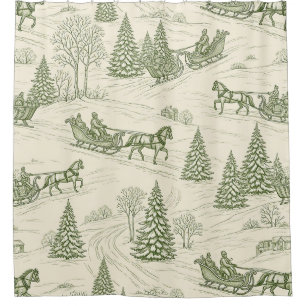 Green Toile Christmas Sleigh Ride Pattern (2) Shower Curtain