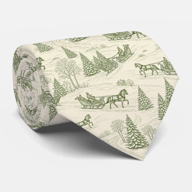 Green Toile Christmas Sleigh Ride Pattern (2) Tie (Rolled)