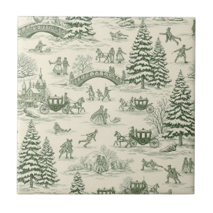 Green Toile Christmas Sleigh Ride Pattern (3) Ceramic Tile
