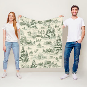 Green Toile Christmas Sleigh Ride Pattern (3) Fleece Blanket