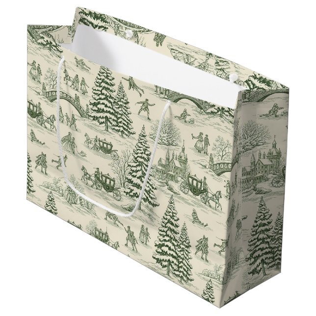 Green Toile Christmas Sleigh Ride Pattern (3) Large Gift Bag (Front Angled)