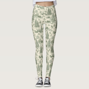 Green Toile Christmas Sleigh Ride Pattern (3) Leggings