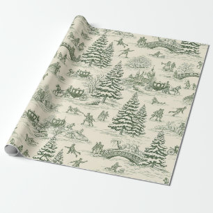 Green Toile Christmas Sleigh Ride Pattern (3) Wrapping Paper