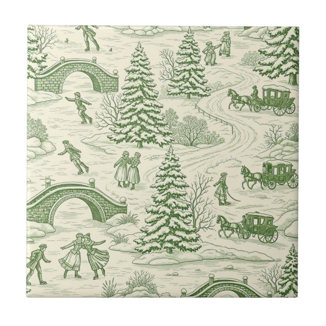 Green Toile Christmas Sleigh Ride Pattern (4) Ceramic Tile (Front)