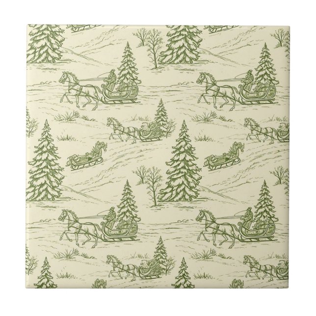 Green Toile Christmas Sleigh Ride Pattern Ceramic Tile (Front)
