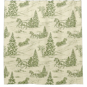 Green Toile Christmas Sleigh Ride Pattern Shower Curtain