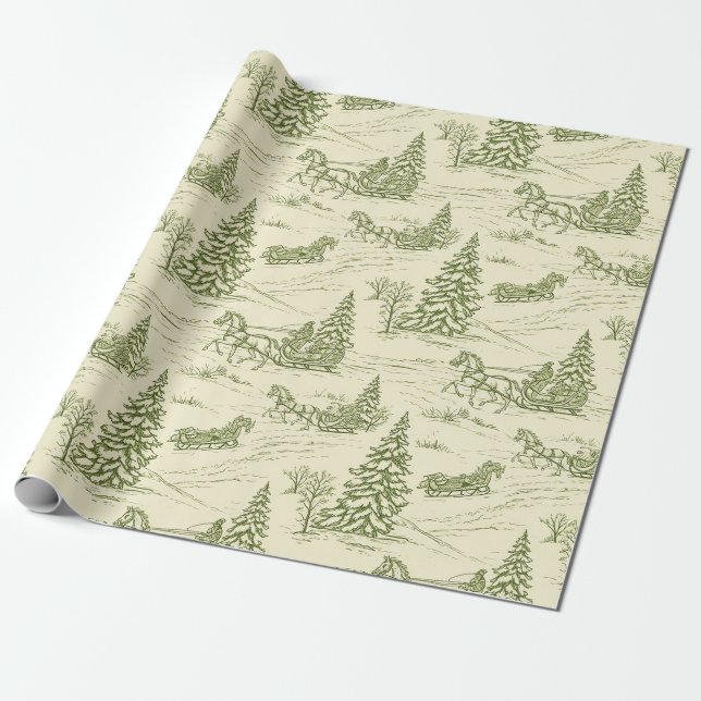 Green Toile Christmas Sleigh Ride Pattern Wrapping Paper (Unrolled)