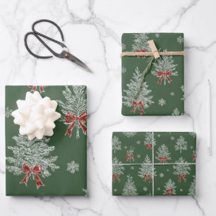 Green Toile Christmas Tree Pattern Wrapping Paper Sheet