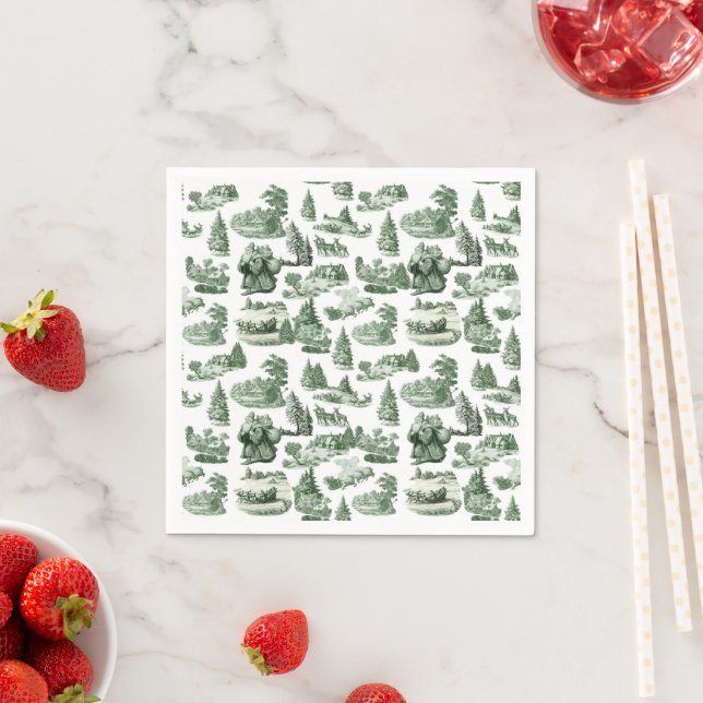 Green Toile Christmas Village Santa Reindeer  Napkin (Insitu)