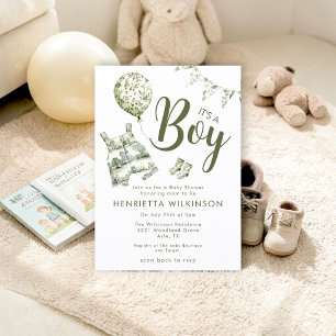 Green Toile de Jouy Boy Baby Shower Invitation