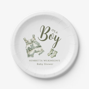Green Toile de Jouy Boy Baby Shower Paper Plate