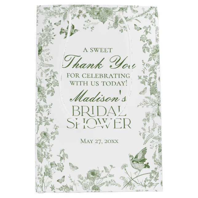Green Toile De Jouy Bridal Shower Favours Medium Gift Bag (Front)