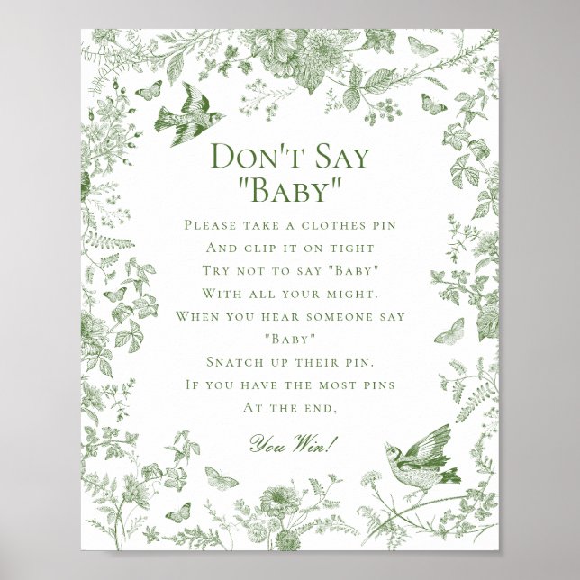 Green Toile De Jouy Dont Say Baby Shower Game Poster (Front)