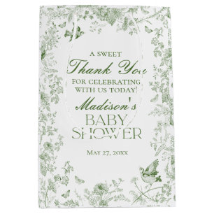 Green Toile De Jouy Floral Baby Shower Favours Medium Gift Bag