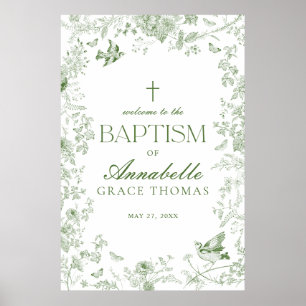 Green Toile De Jouy Floral Baptism Welcome Sign
