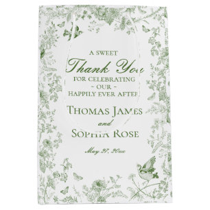 Green Toile De Jouy Floral Wedding Party Favours Medium Gift Bag
