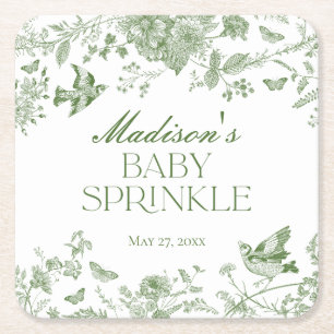Green Toile De Jouy Vintage Floral Baby Sprinkle Square Paper Coaster