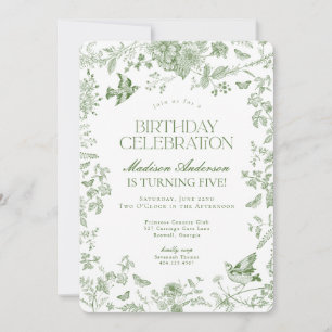 Green Toile De Jouy Vintage Floral Birthday Party Invitation