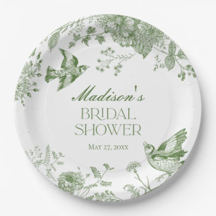 Green Toile De Jouy Vintage Floral Bridal Shower Paper Plate