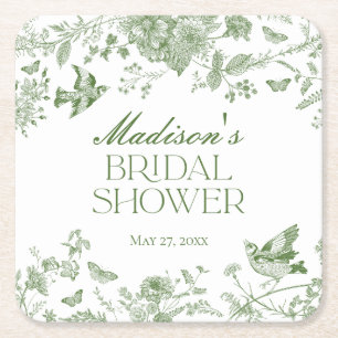 Green Toile De Jouy Vintage Floral Bridal Shower Square Paper Coaster