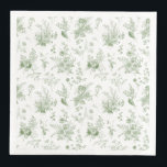 Green Toile De Jouy Vintage Floral Chinoiserie Napkin<br><div class="desc">Transform your celebration with our Olive Green Toile de Jouy Party Decor Collection. This elegant ensemble showcases intricate chinoiserie wildflowers, birds, and butterflies, all meticulously designed to create a sophisticated and timeless atmosphere. With detailed florals and a rich olive green palette, this collection adds a touch of refined beauty to...</div>